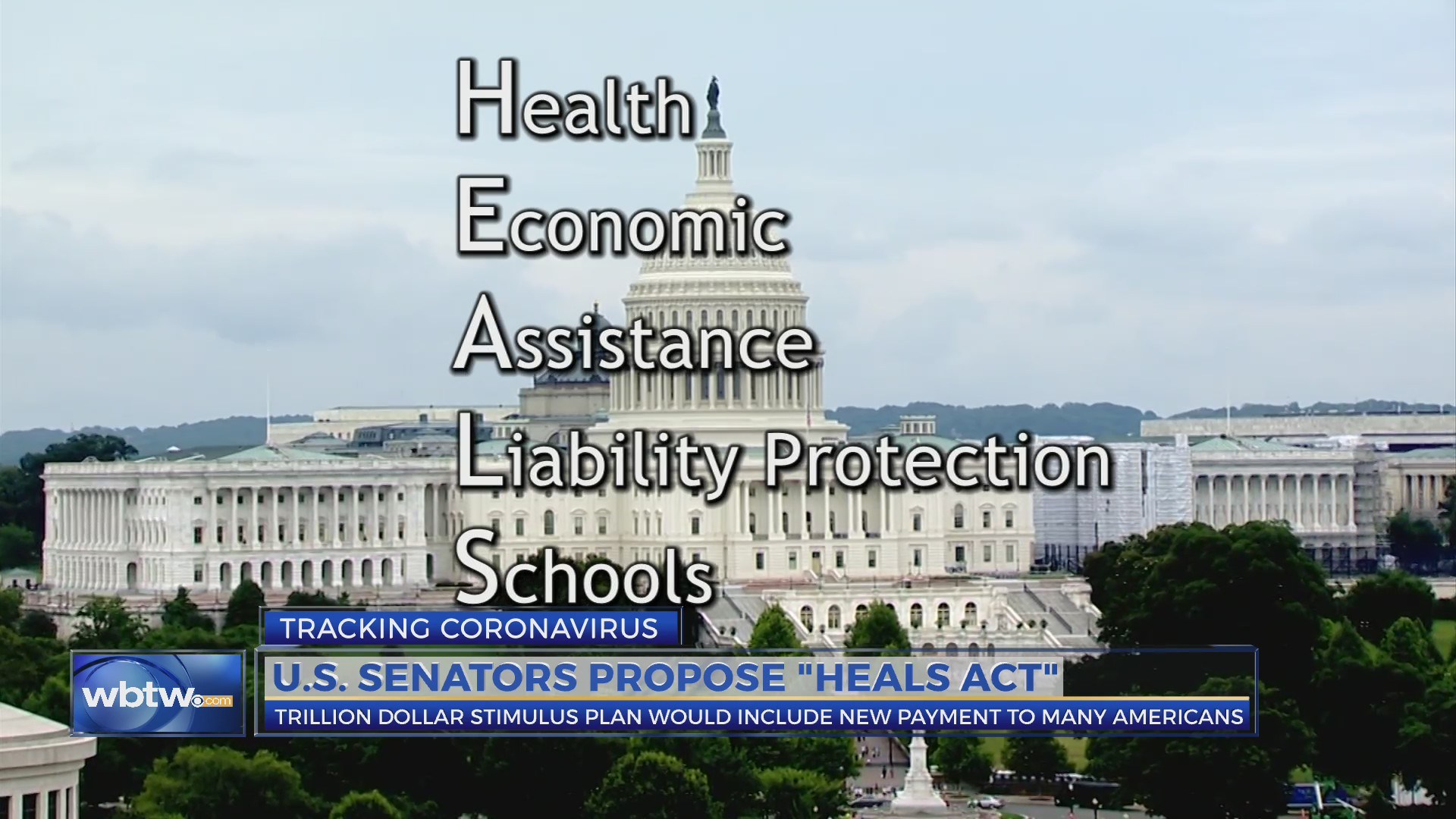 an image of the US capitol building with the acronym "HEALS Act: Health, Economics Assistance, liability protection, schools" in front of the image