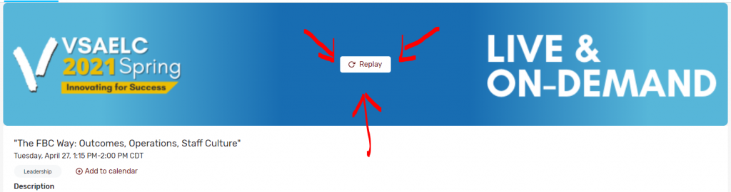 White and red button in the middle of the session page banner saying replay.