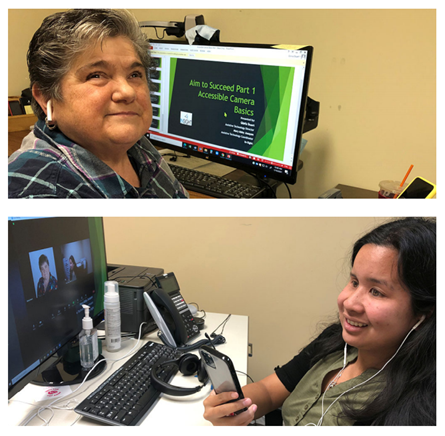 Image Description 1: A woman smiling with headphones in her ears. She is working in PowerPoint. Image Description: A women smiling while on Zoom call. She is using assistive technology.