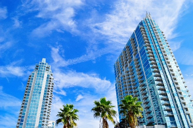 Two high rise buildings in Tampa, Florida on a sunny day.